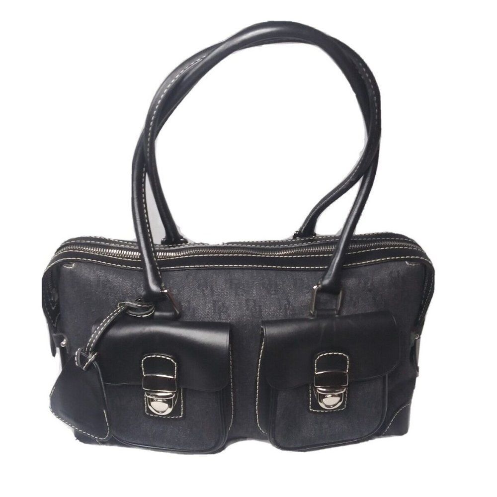 Dooney & Bourke Signature Double Pocket Satchel Handbag Black Canvas DB logo